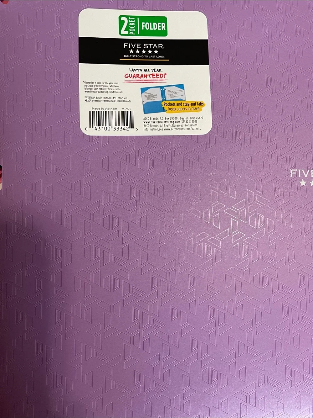 Five Star Mead 2 Pocket Folder Lot of 4 Plastic Stay Put Tabs Textured